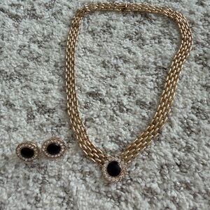 Gold Tone Necklace and Earrings Set with Black Stone Accents